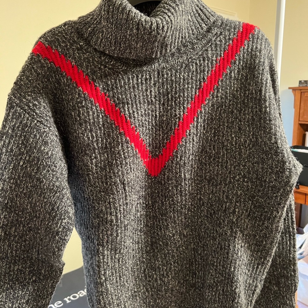 Sandro Gray Knit Turtleneck Sweater with Red Chevron